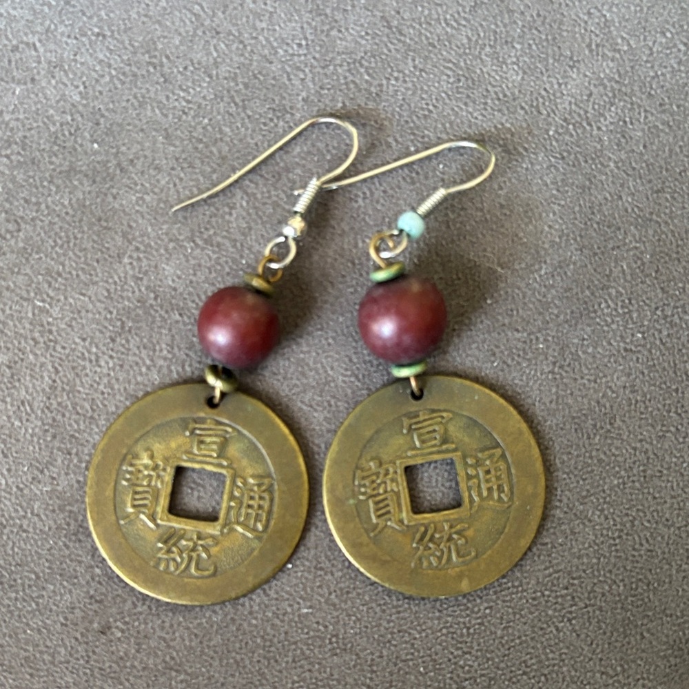 Vintage Coin Inspired Gold and Red Earrings